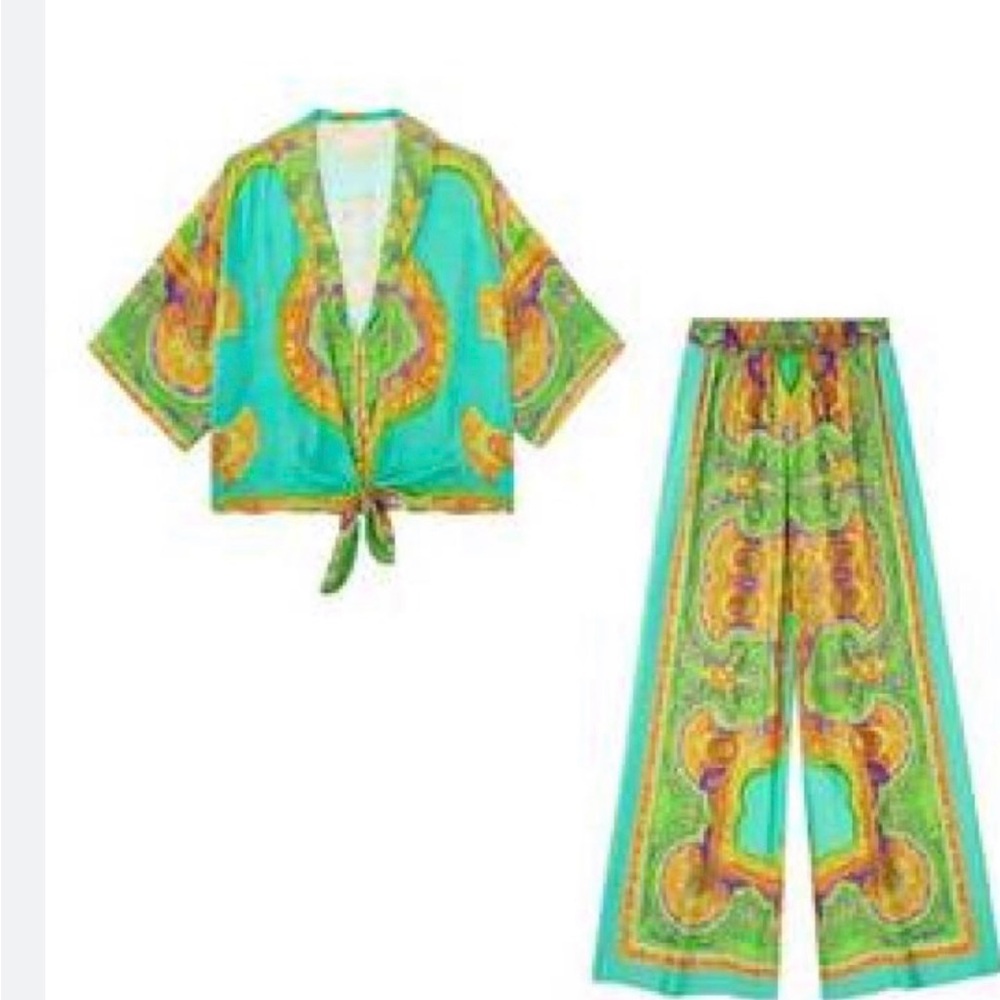 Zara Women's Multi Color Satin Pants Set Kimono Style